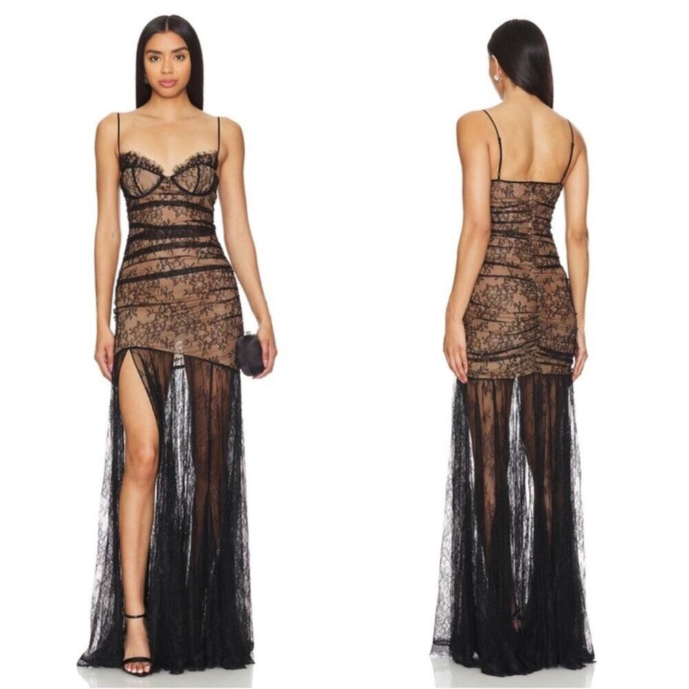 RETROFETE Aliza Floral Lace Ruched Black Maxi Dress Size XL